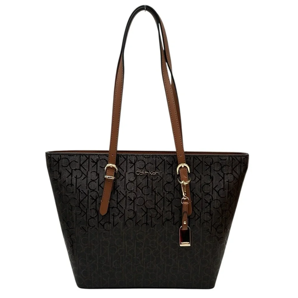 Calvin Klein Serafina Signature Tote Handbag Brown Jacquard Print 15.5x10.5x4.5